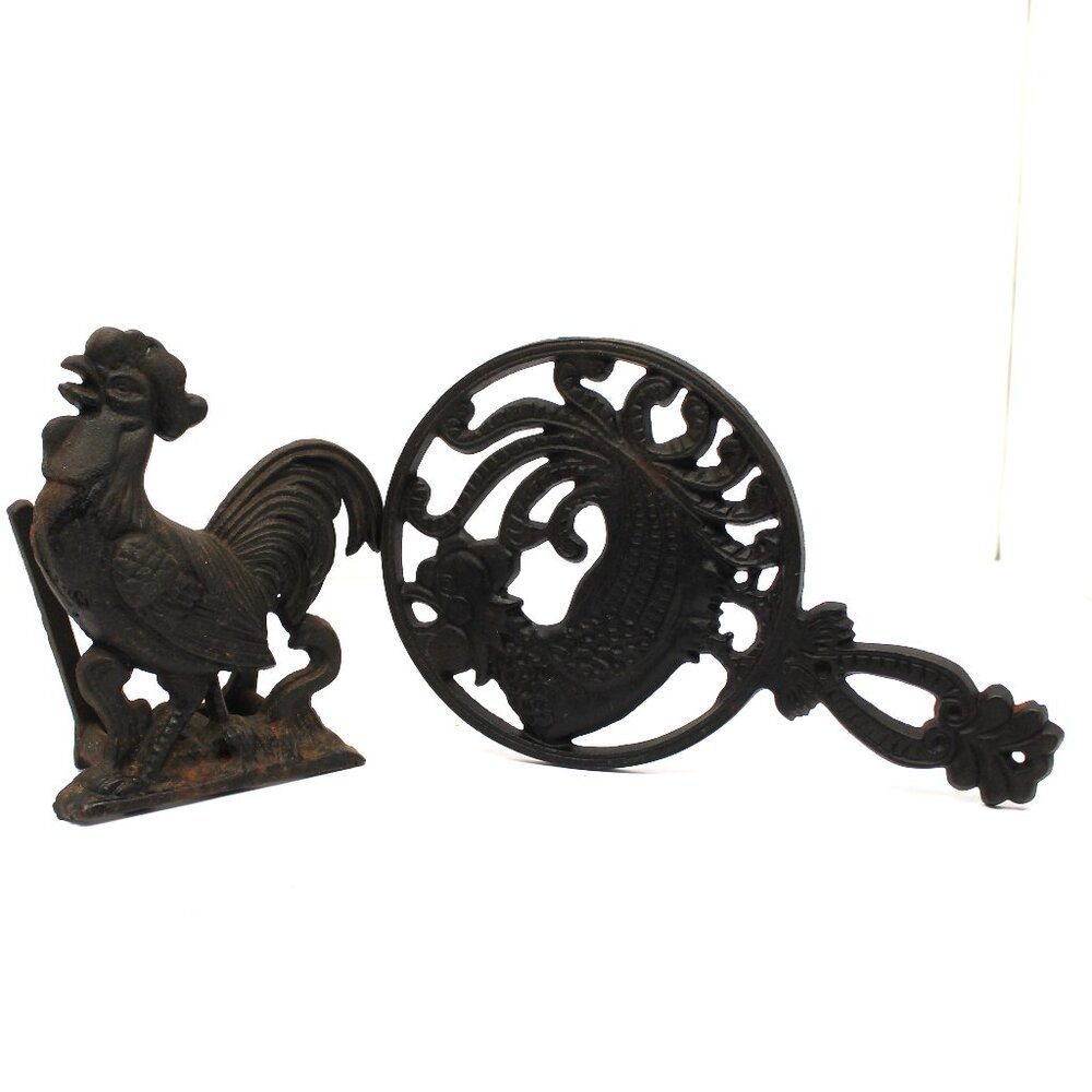 VINTAGE CAST IRON ROOSTER TRIVET R.H. BIRD & Rooster Cast Iron Napkin Holder